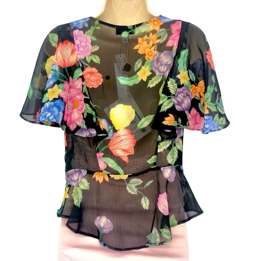 NWT Topshop Sheer Black Floral Flutter Sleeve Top Feminine Flirty Fun - Picture 2 of 16